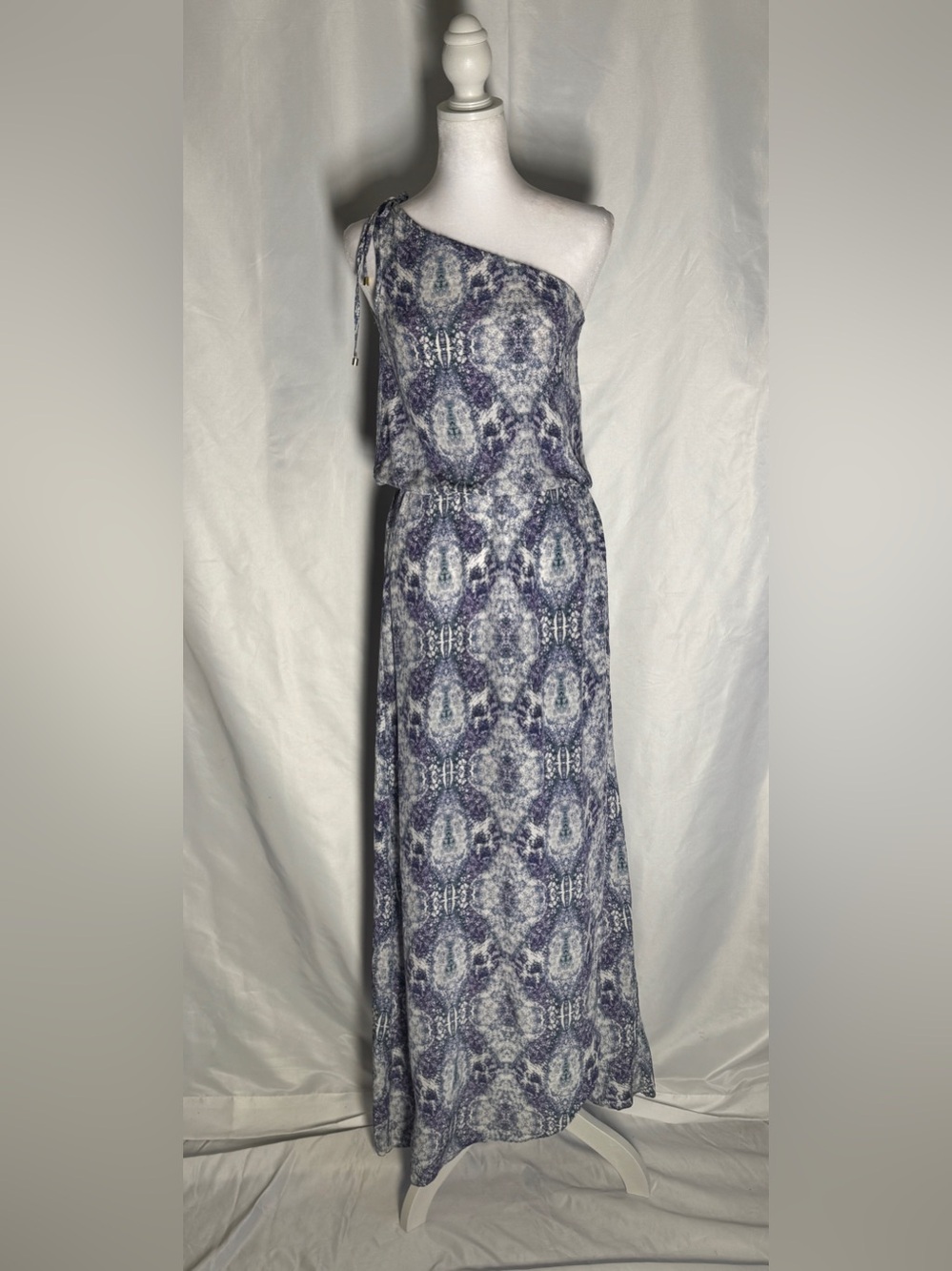 Karina Grimaldi One-Shoulder Blue & White Printed Maxi Dress